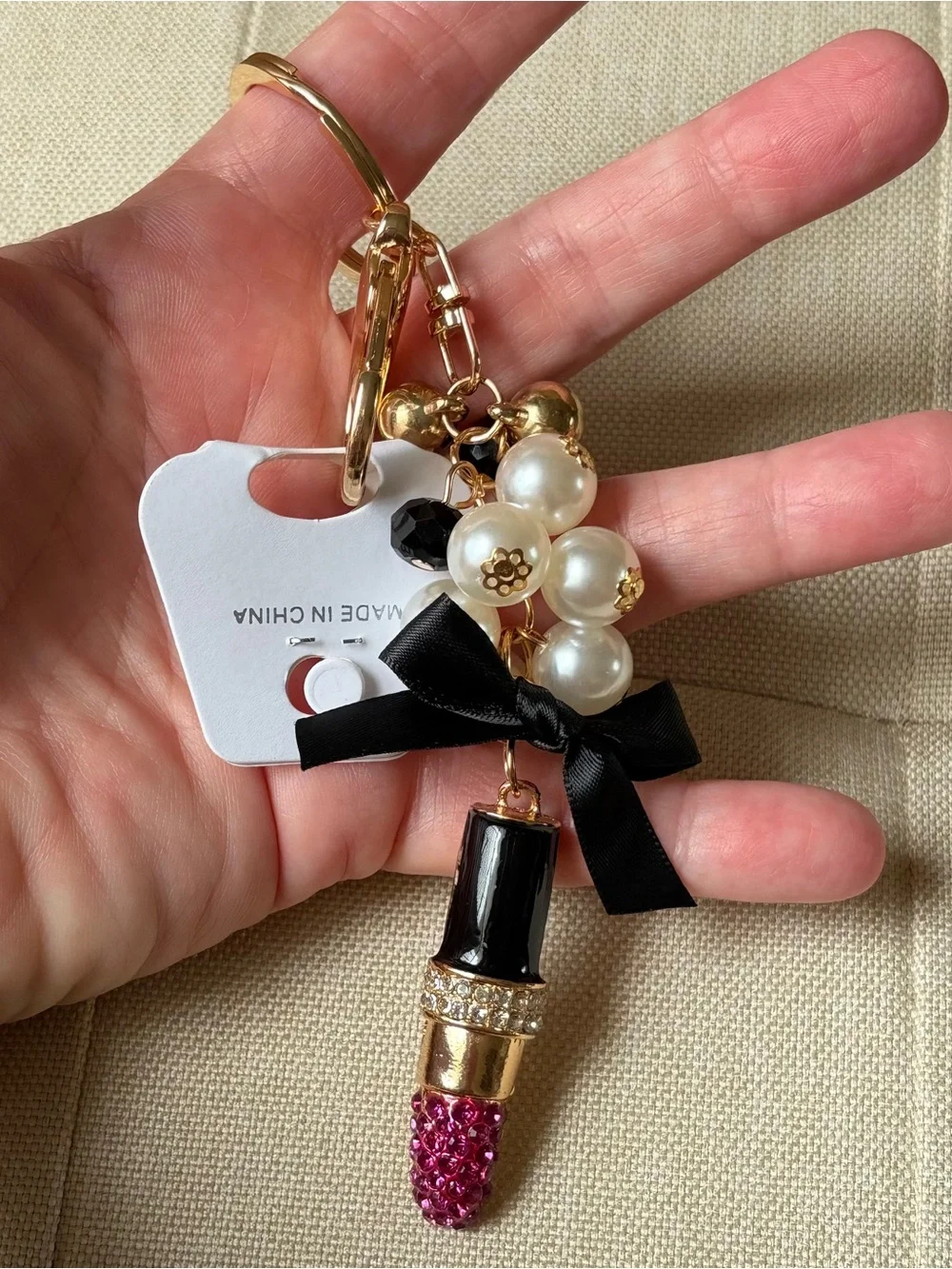 Pearl & Black Ribbon Lipstick Keychain Bag Charm